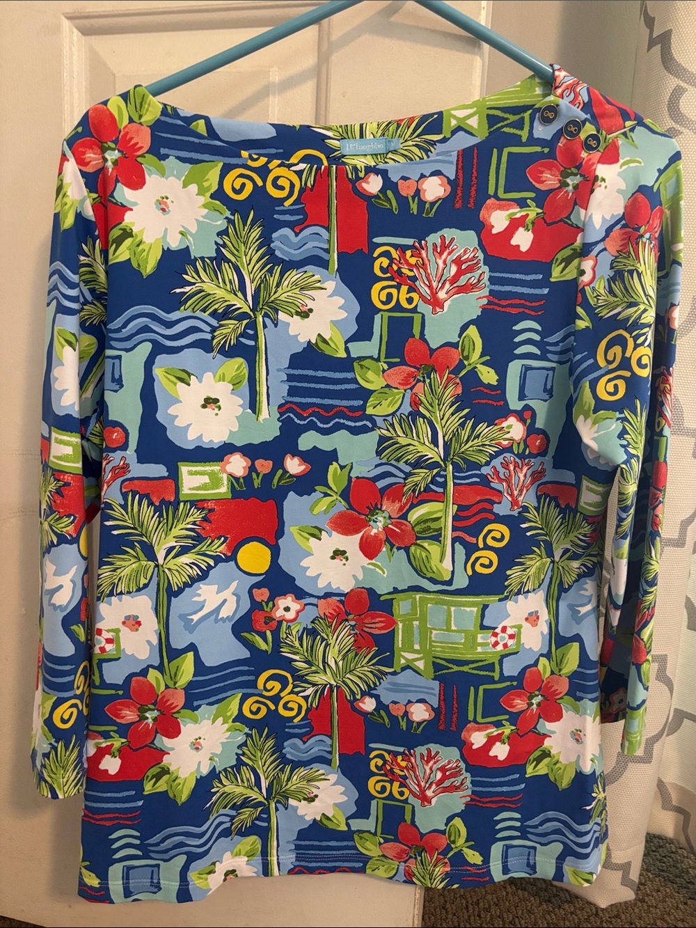 J. McLaughlin Blue Tropical Floral Long Sleeve Tee with Red & Green Accents